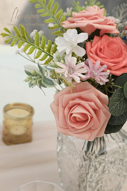 Floroom Artificial Flowers 25pcs Real Looking Mixed Living Coral Foam Fake Roses with Stems for DIY Wedding Bouquets Bridal Shower Centerpieces Floral Arrangements Party Tables Home Decorations
