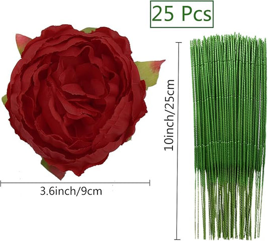 FagusHome 25 Pcs Silk Peony Artificial Flower Heads 4 inch Fake Peony Flowers Heads with Stems Artificial Peony Flower Heads in Bulk Wholesale for Wedding Home Decor (Dark Red)