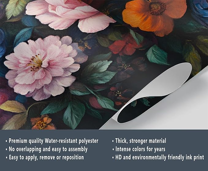 Vintage Peony Floral Wall Mural, Oil Painting Dutch Flower 3D Wall Murals, Romantic Dark Botanical Wallpaper Mural, for Living Room Bedroom Large Wallpaper Indoor Decor 157.5" W x110.3 H