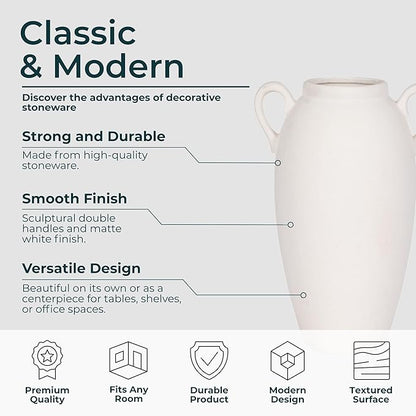 Textured Jug Tall Floor Vase – Ceramic Stoneware Decorative Vases for Home Decor – Modern Centerpiece for Living Room, Bedroom, Office, Table & Floor Display – 16", White