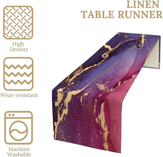 Purple Marble Table Runner Natural Abstract Luxury Ink Texture Gold Veins Red Printing Seasonal Dinner Runner Table Decoration for Farmhouse Home Kitchen Dining Holiday Party 13x36in