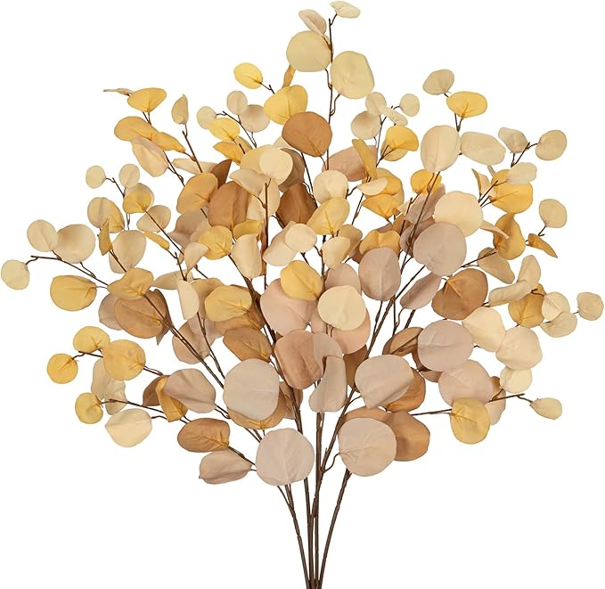 DILATATA Artificial Yellow Eucalyptus Stems – 34” Silk Silver Dollar Leaves, Set of 5 – Faux Eucalyptus Branches for DIY Bouquets, Floral Arrangements, Centerpieces, Wedding & Home Décor