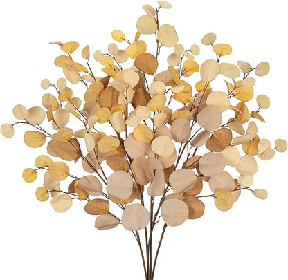 DILATATA Artificial Yellow Eucalyptus Stems – 34” Silk Silver Dollar Leaves, Set of 5 – Faux Eucalyptus Branches for DIY Bouquets, Floral Arrangements, Centerpieces, Wedding & Home Décor