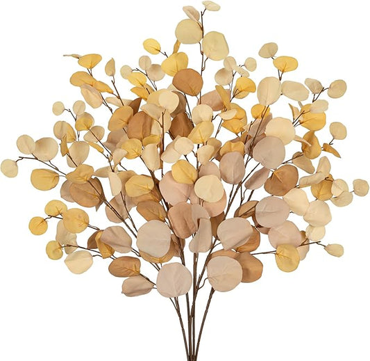 DILATATA Artificial Yellow Eucalyptus Stems – 34” Silk Silver Dollar Leaves, Set of 5 – Faux Eucalyptus Branches for DIY Bouquets, Floral Arrangements, Centerpieces, Wedding & Home Décor