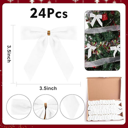 24 Pcs White Small Velvet Christmas Bows for Christmas Tree, Wreath, Gift Wrapping, Crafts, Wedding, Party, Twist Tie Bows for Treat Bag Bakery Candy Bags, Home Decor 1" W,3.5 x 3.5 inch