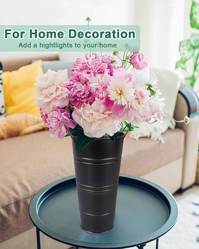 12 Inch Galvanized Metal Vases for Flowers - 2 Pcs Farmhouse Decorative Tall Flower Bucket with Handles, Rustic French Tin Planter Buckets for Wedding Decor (Black)
