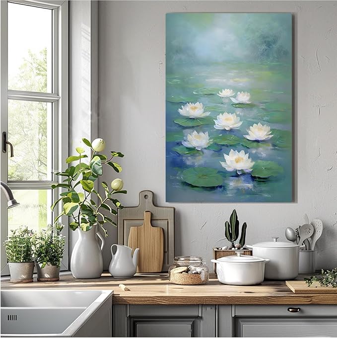 Zen wall art Delicate white lotus flower floating on calm water Vintage oil painting print Serene aquatic wall art creates a tranquil home decor 32x48in Frameless