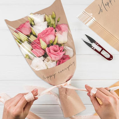 Hying 20 Pieces Flower Wrapping Bags for Bouquets, Floral Packing Sleeves Pink Kraft Paper Bouquet Bags Wrapping Sleeves for Teacher Graduation Wedding Mother's Day Gift