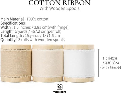 Vitalizart 100% Cotton Ribbon 1-1/2" x 15 Yd Nude Beige White Handmade Frayed Fringe Fabric Ribbons for Gift Wrapping Wedding Invites Bridal Shower Bouquets Christmas Decorations