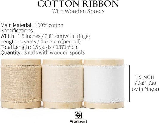 Vitalizart 100% Cotton Ribbon 1-1/2" x 15 Yd Nude Beige White Handmade Frayed Fringe Fabric Ribbons for Gift Wrapping Wedding Invites Bridal Shower Bouquets Christmas Decorations