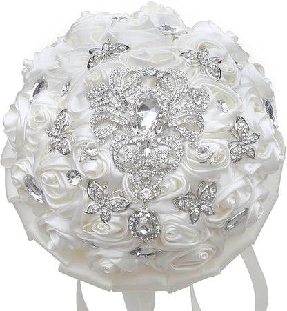 Handmade Brooch Wedding Flowers Bridal Bouquets Crystal Bride Holding Bouquet White Ivory Satin Roses with Diamond Pearl Ribbon (Luxury-White)