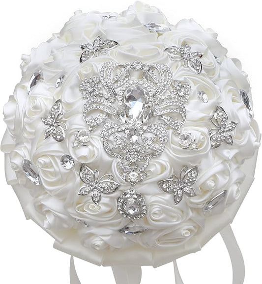 Handmade Brooch Wedding Flowers Bridal Bouquets Crystal Bride Holding Bouquet White Ivory Satin Roses with Diamond Pearl Ribbon (Luxury-White)
