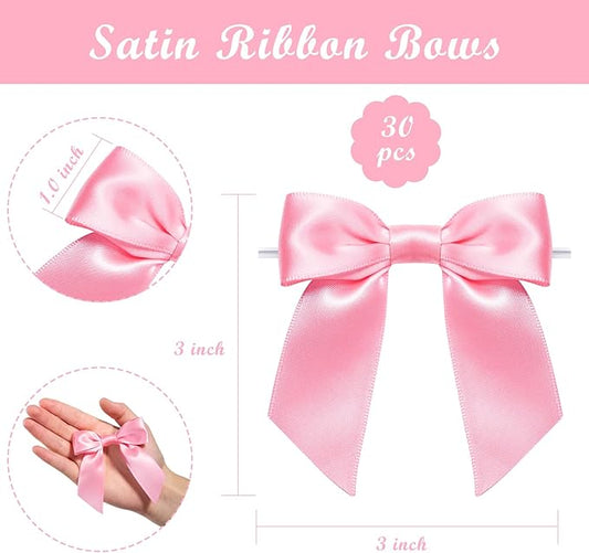WRAPAHOLIC 30 Pcs 3" Pink Satin Ribbon Bows with Twist Tie - Pretied Premade Craft Bows for Christmas Party Crafts Treat Bags Gift Wrapping Wedding Baby Shower Birthday