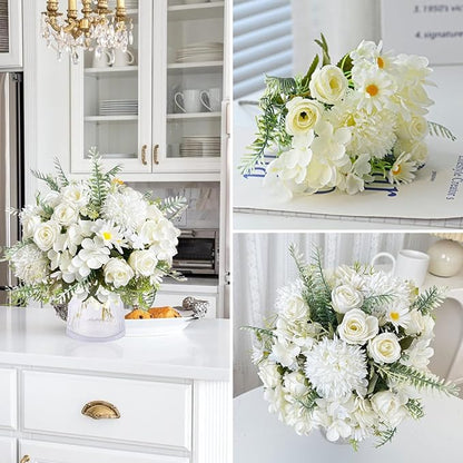 ASTRYAS White Artificial Flowers, 4Pcs Fake Rose Silk Chrysanthemum Ball Hydrangea Daisy for Decoration Faux Floral Arrangements for Wedding Party Home Decor Indoor(White)