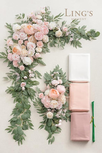 Ling's moment Deluxe Pink Artificial Wedding Arch Flowers with Drapes Kit-Pack of 5, 2pcs Flower Arrangements 3pcs Hanging Sheer Drapes Blush Ceremony Arbor Reception Backdrop Rose Floral Decorations
