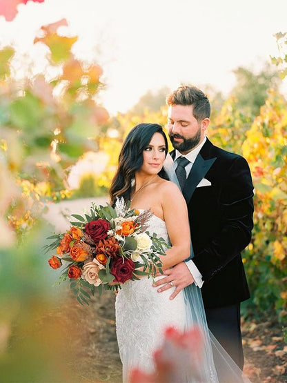 Rinlong 16 Inch Wedding Bouquets for Bride Fall Burgundy & Terracotta Roses, Dahlias, Peonies, Greenery Bouquet for Wedding, one, Boho