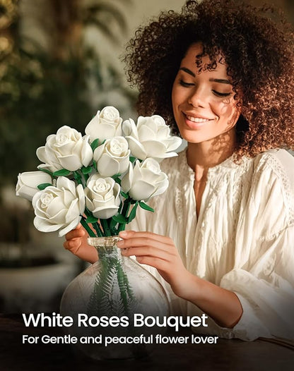 iATOM White Rose Bouquet Building Set, Wedding Artificial Flowers Botanical Collection for Adults Women, Gift for Christmas & Valentines Day - Home Office Table Centerpiece Decor - IA11013