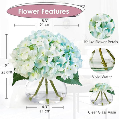 Hydrangea Artificial Flowers in Glass Vase, Blue Silk Fake Flowers Silk Centerpiece Table Decorations for Dining Room， Coffee Table Decor，Wedding, Home with Faux Water Decor（Light Blue）