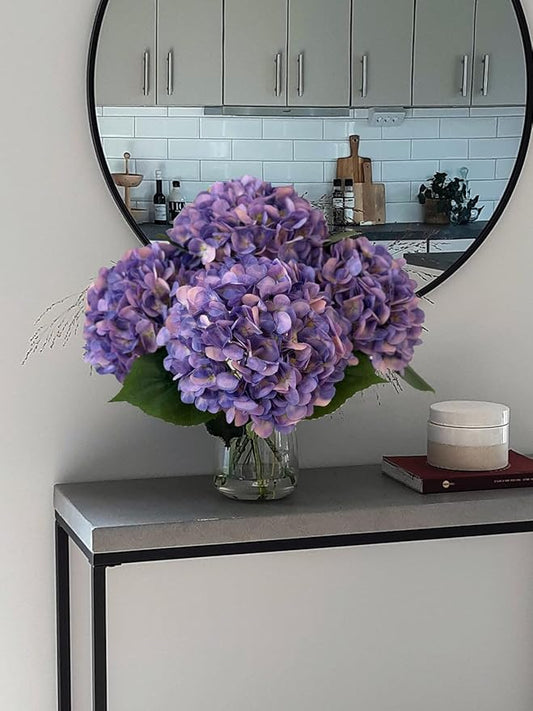 YalzoneMet 4Pcs Purple Silk Hydrangea Artificial Flower Lifelike Big Blooms 20'' Long Stem Faux Hydrangea Flower Bouquets for Home Party Indoor Outdoor Wedding Table Centerpiece Decor