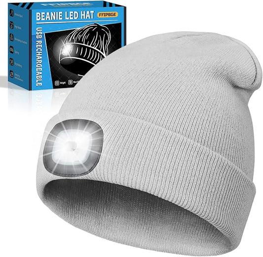 Christmas Stocking Stuffers for Men Adults, Beanie Hats with Light, USB Rechargeable LED Hand Free Headlamp, Birthday Gifts for Men, Women, and Teens, Ideal for Camping, Hiking, Grey
