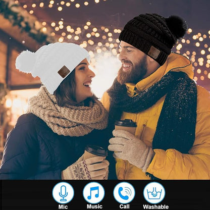 Wireless Music Beanie Women Beanie Girls Hat Over Ear Headset Sports Stereo Headphone with Microphone Speaker Womens Beanie Cap Snow White