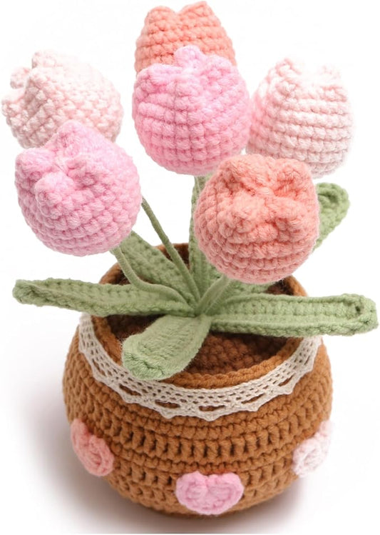 Crocheted Tulip Bouquets, Artificial Tulip Hand-Woven Flowers Suitable for Home, Office Decorations and Birthday Gifts for Family and Friends Anniversary (6 Flowers-Pink)