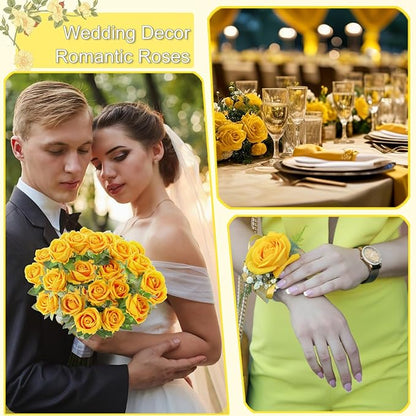 15Pcs Pearl Yellow Roses Artificial Flowers Fake Roses Long Stem Velet Rose Silk Flowers for Home Wedding Decoration (Pearl Rose,Yellow)