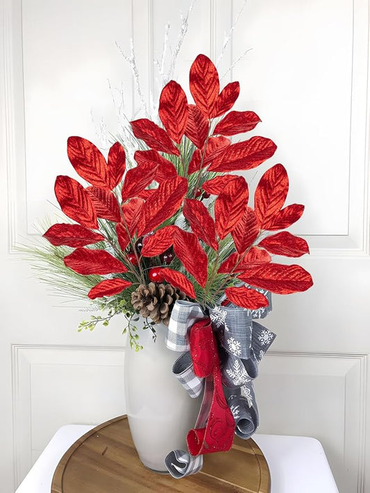 3pcs 31 inch Red Glitter Magnolia Leaf Sprays Artificial Christmas Tree Picks Sprays, Glittery Stem Ornaments for Christmas Tree Winter Wreath Swag Wedding Bouquet Centerpiece