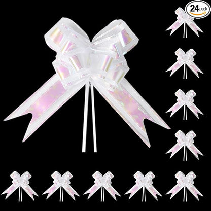 24PCS Crisp White Pull Bows for Gift Wrapping, 6" Large Pre-Tied Decorative Bows for Christmas, Wedding, Birthday, Party Decors, Reusable Instant Floral Decors for Gifts, Bouquets, Baskets