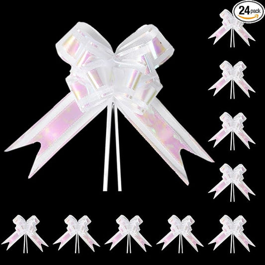 24PCS Crisp White Pull Bows for Gift Wrapping, 6" Large Pre-Tied Decorative Bows for Christmas, Wedding, Birthday, Party Decors, Reusable Instant Floral Decors for Gifts, Bouquets, Baskets