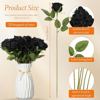 Hotop 20 Pcs Artificial Rose Flowers with Long Stem,Real Touch Silk Realistic Plastic Bouquet Roses Bulk for Home Decor Bridal Wedding Party Table Centerpieces Decorations(Black)