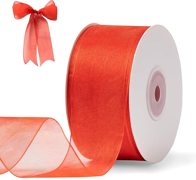 Red Organza Ribbon for Gift Wrapping, FAKILO 2 Inch Shimmer Sheer Wrapping Ribbon for Bouquet, Wedding,Festival - 50 Yards Each Roll