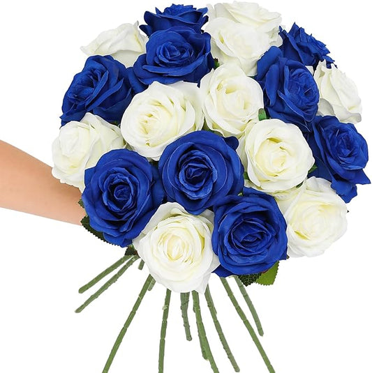 Tifuly Roses Artificial Flowers - 12 pcs Realistic Long Stem Fake Roses Mashup Style Silk Roses for DIY Bouquets Wedding Centerpieces Arrangements Home Party Decor（White & Blue）