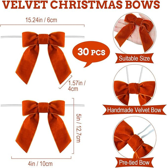 30 Pcs Velvet Ribbon Bows 5" x 4" Pre Tied Christmas Velvet Bows with Twist Tie for Gift Packaging Christmas Tree Wreaths Door Windows Wedding Party Decoration(Copper)