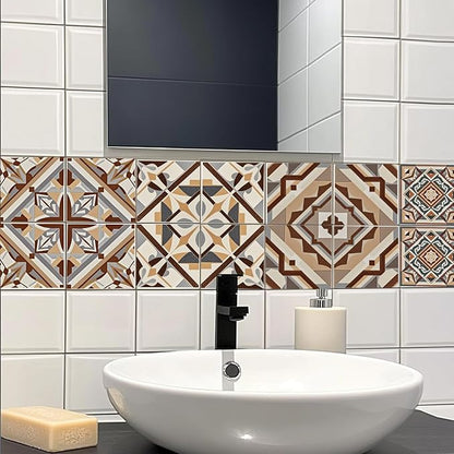 CHGCRAFT 36 Pcs 4 Style Wall Stickers Beige Geometric Peel and Stick Wall Tile Sticker Retro Texture Pattern Waterproof Self Adhesive Stick on Tile Decals for Kitchen Bathroom Art Decor, 4×4 Inch