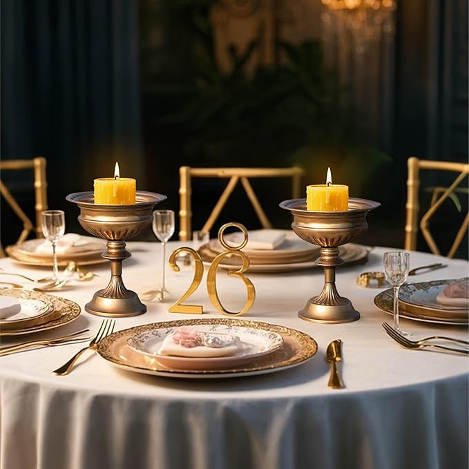 WORTH Gold Color Urn Vases for Centerpieces Set of 2 (Large: 8.8" H x 7.8" Dia. & Small: 6.1" H x 7.8" Dia.) - Classic Metal Trumpet Flower Pots for Table, Bowl Vase for Wedding Party Event Home Decor