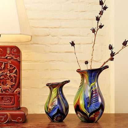 Luxury Lane Hand Blown Abstract Teardrop Art Glass Vase for Decor Centerpiece Table Decoration 9.5 inch Tall Multicolor
