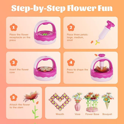 Fabric Flower Bouquet Craft Kit, DIY Arts & Crafts Toy for Kids, Creative Flower-Making Activity Set, Educational Preschool Toy, Perfect Birthday & Christmas Gift for Girls Ages 4 5 6 7 8+ (red)