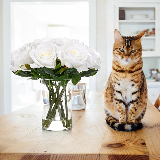 BLEUM CADE Luxury PU Fake Flowers in Vase with Faux Water, White Real Touch Roses Artificial Flowers with Glass Vase for Office Home Dining Room Centerpiece Table Decorations