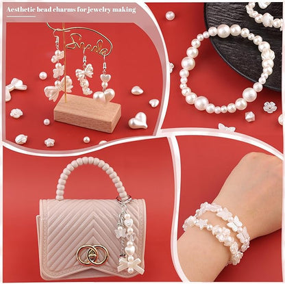 Assorted 270-320PCS Mix ABS Imitation Pearl Beads for Bracelet Making, Bow Heart Kawaii Acrylic Beads,Cute Bead for Jewelry Making DIY Necklace Keychain Phone Charm Christmas Gifts