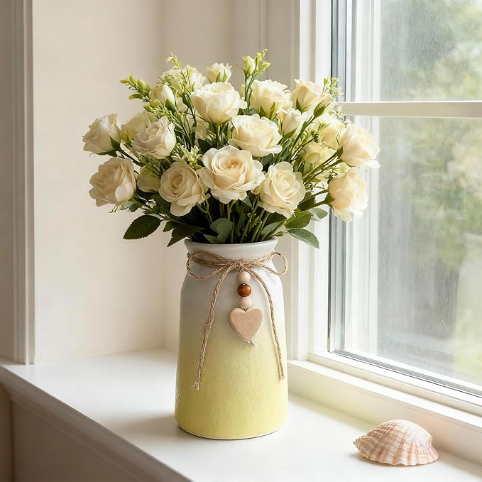 6-Inch Ceramic Flower Vase with Jute Rope & Heart Charm | Perfect for Boho, Farmhouse & Modern Home Décor, Yellow