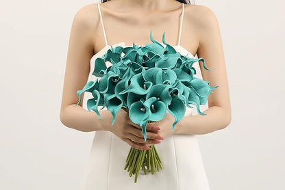 SITUMEIZI 24 PCS Teal Fake Flowers Artificial Calla Lily Silk Flowers Real Touch for Mother's Day Easter Home Kitchen Decor Wedding Bouquet Office Spring Decoration(Teal Blue)