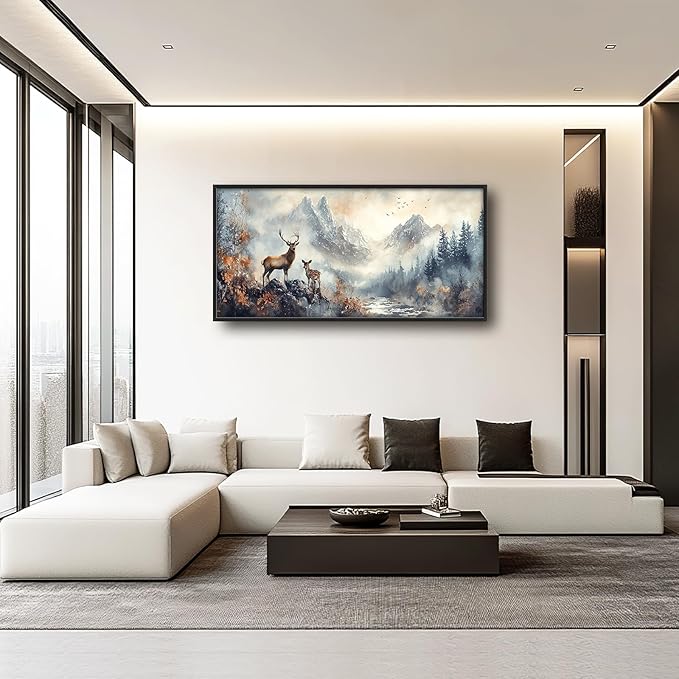 Deer Wall Art Large Wildlife Nature Mountain Landscape Pictures Wall Decor Rustic Cabin Fall Forest Canvas Prints Nordic Painting Framed Artwork Decoration for Bedroom Living Room Office 60"x30"