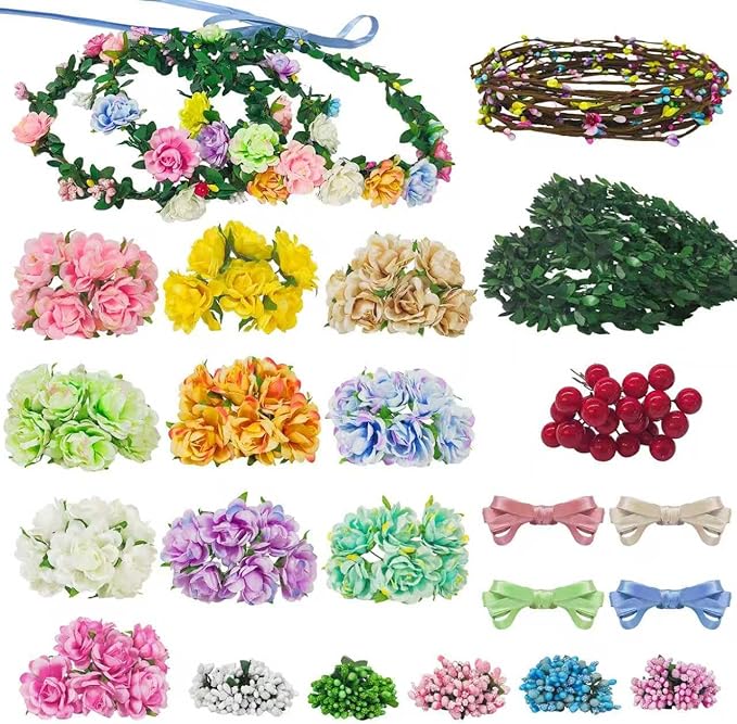 Flower Crowns Making Kit,20 Sets Make Your Own Flower Crown Crafting Kit Blooming Rose Wreath Headband and Bracelet Making Kit DIY Floral Crown Wedding Party Fairy Hair Accessories Gift for Girls