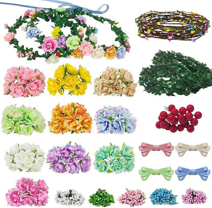 Flower Crowns Making Kit,20 Sets Make Your Own Flower Crown Crafting Kit Blooming Rose Wreath Headband and Bracelet Making Kit DIY Floral Crown Wedding Party Fairy Hair Accessories Gift for Girls