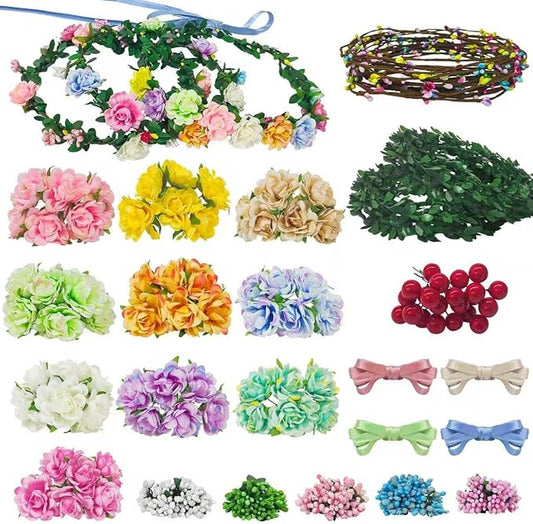 Flower Crowns Making Kit,20 Sets Make Your Own Flower Crown Crafting Kit Blooming Rose Wreath Headband and Bracelet Making Kit DIY Floral Crown Wedding Party Fairy Hair Accessories Gift for Girls