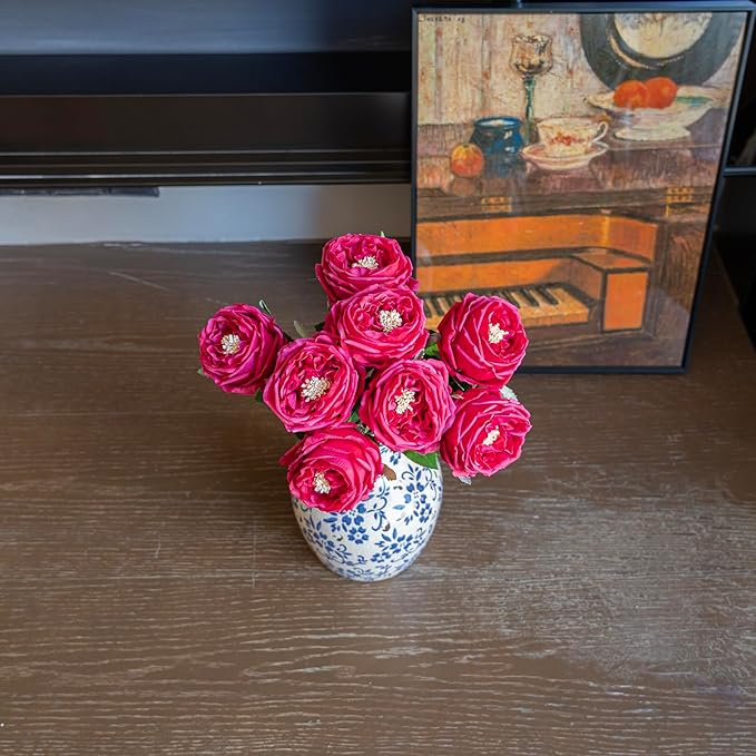 Fake Flowers for Decoration Home Decor Real Touch Artificial Flowers Austin Rose Peony Latex Fake Flower Living Room Decoration Vivid Pink Roses Peonies (Red 4pcs)
