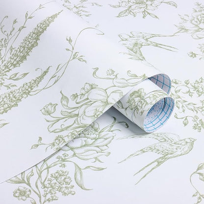 Floral Birds Wallpaper Peel and Stick Green and White Contact Paper 16.9”x 196.8” Vintage Floral Self Adhesive Removable Wallpaper Green Flower Contact Paper for Bathroom Kitchen Decor