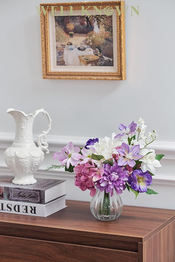 WELL KNOWN Artificial Flowers Silk Peony Flower Bouquet in Vase, Fake Flowers with Vase, Faux Flower Arrangements, Table Decorations for Living Room, Coffee Table Decor