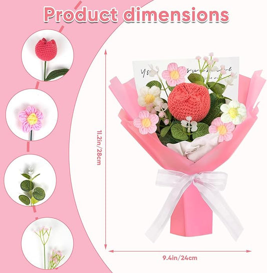 Crochet Flowers Bouquet Crochet Tulip Flower Pink Crochet Knitted Flowers for Teacher's Day Mother's Day Valentine's Day Birthday Home Decor(Medium-Pink Tulip)